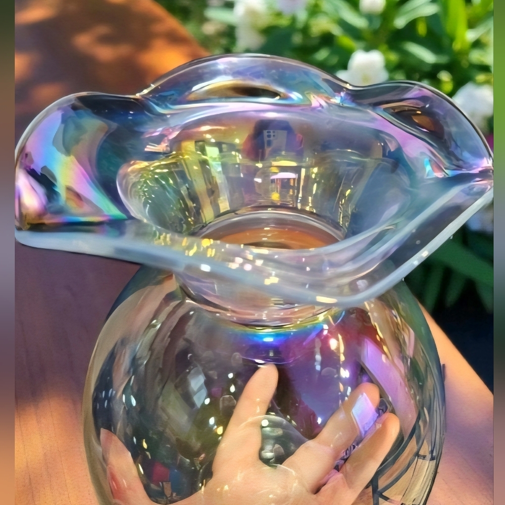 Vintage Soft Hand Blown Iridescent Glass Ruffle Vase Italy